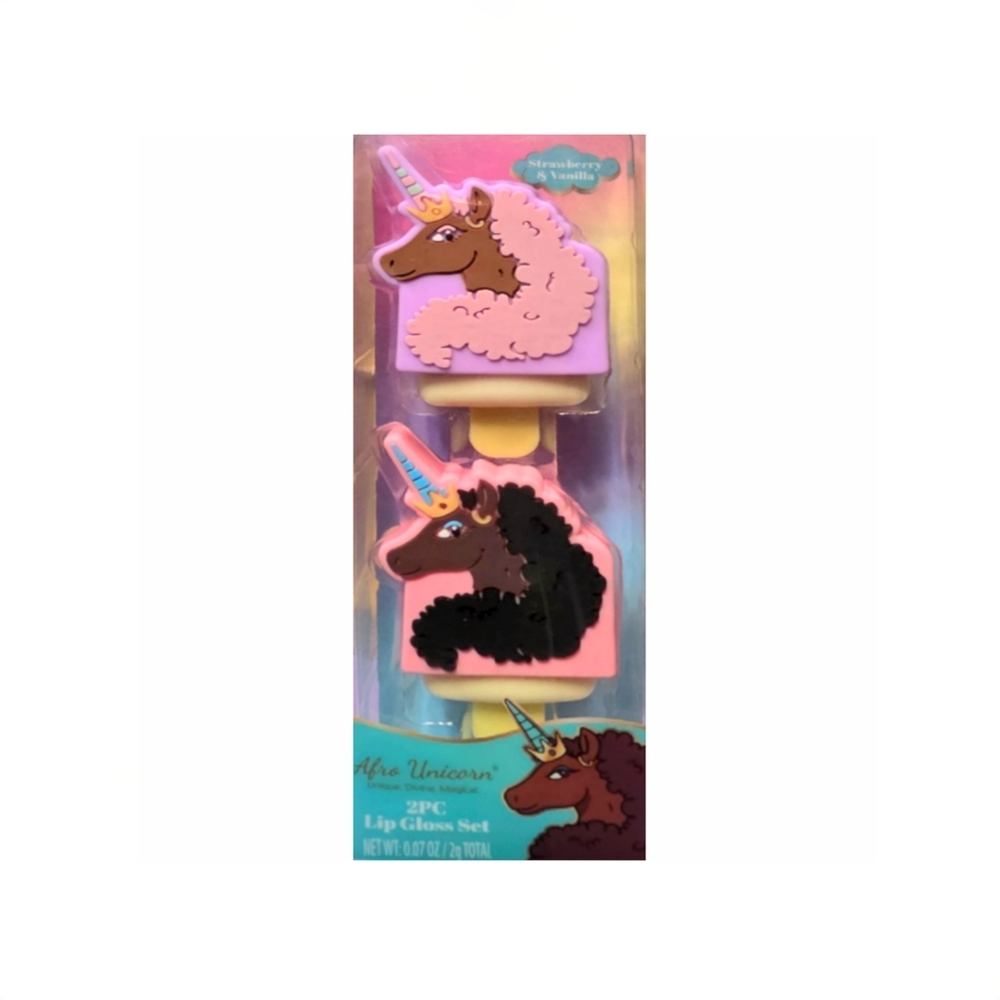 Afro Unicorn Pucker Pop Lip Gloss Set - Strawberry & Vanilla Flavors - Picture 2 of 4